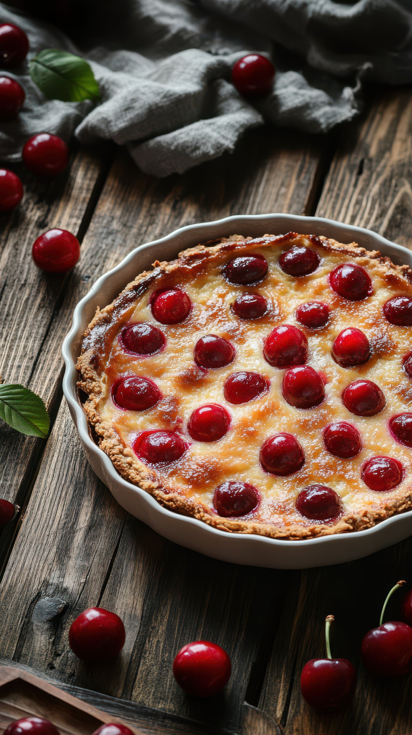 Homemade cherry pie with fresh cherries on rustic wooden table during afternoon